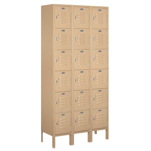 Six Tier Box Style Standard Metal Locker, 3 ft W x 6 ft H x 12in D Tan, Assembled